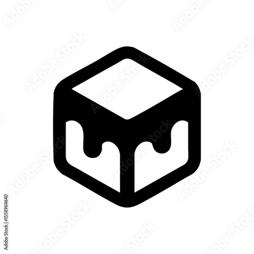 Minimalist black vector icon of a caramel cube with dripping sides, representing sweetness, dessert toppings, or candy branding.

