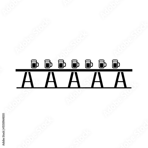 Minimalist black vector of a long communal table lined with beer mugs, symbolizing Oktoberfest gatherings, celebration, and beer culture.
