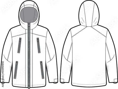 Technical Outdoor Jacket Flat Sketch: Front and Back View, Waterproof Performance Apparel Design for Active Lifestyles, Sportswear CAD Drawing with Hood and Zippered Pockets, Fashion Template.