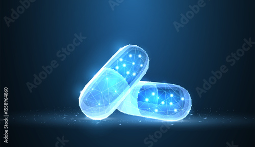 Pills. Abstract 3d polygonal wireframe two capsule pills on blue background with dots and stars.