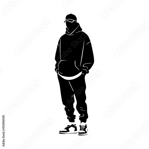 Silhouette vector logo of a man in hoodie, cap, and sneakers, representing modern streetwear, youth fashion, and urban style branding.

