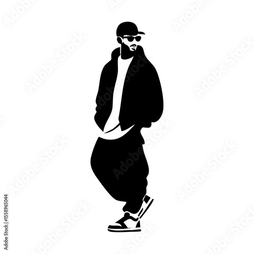A minimalist vector logo of a stylish man in streetwear, wearing a cap and sunglasses, evoking modern urban fashion and attitude.
