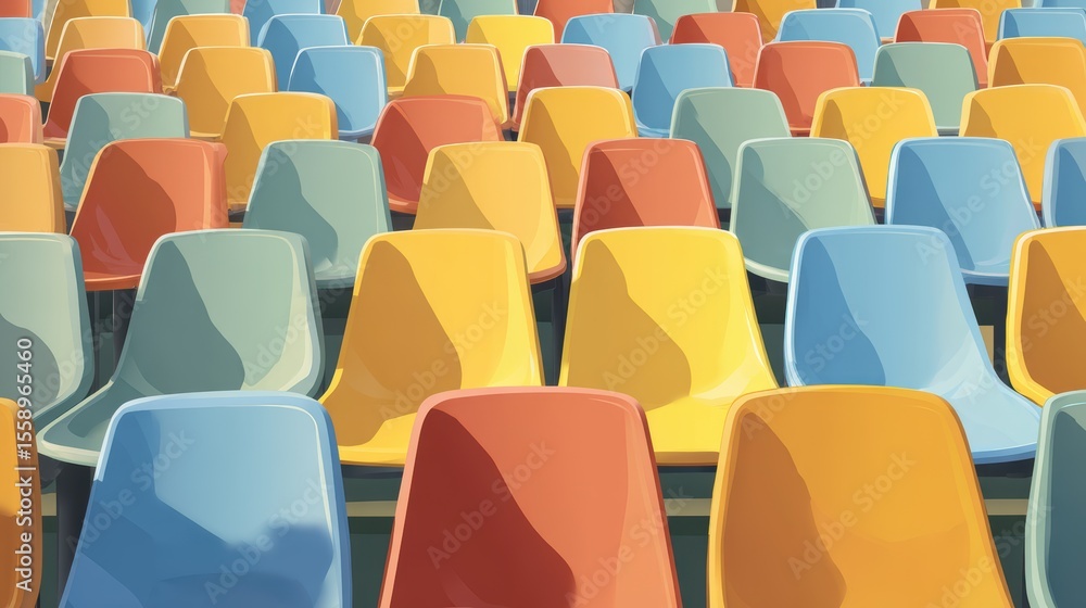 Fototapeta premium Colorful Array of Plastic Chairs Creating Vibrant Patterns in an Empty Venue Setting with Bright Colors