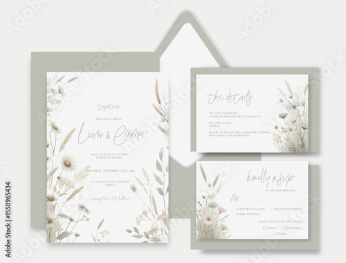Luxury watercolor wedding invitation with hand drawn wild flowers and botanical leaves.