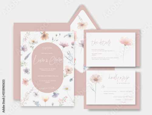 Luxury watercolor wedding invitation with wild flowers, herbs and botanical leaves.