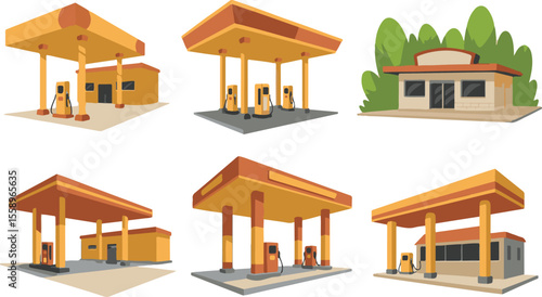 Various gas stations with pumps and buildings petrol station fuel pumps