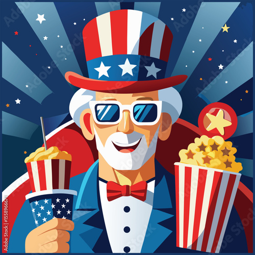 Uncle Sam emoji with 3D glasses eating popcorn watching colorful fireworks movie patriotic USA celebration