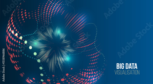 Abstract 3D sphere made of colorful dots on a dark blue background, representing digital data flow and big data visualization technology.