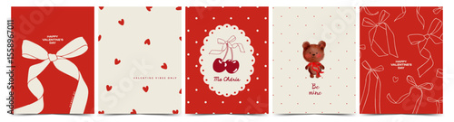 Valentine’s Day card set in vintage style. Concept with hearts, cherry, bows, teddy bear. For poster, banner, branding, sale, label, cover, celebration.