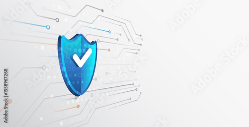 Modern cyber background with printed circuit board, blue shield on light hi-tech background. Symbolizes data protection, network security and digital reliability. Ideal for information security themes