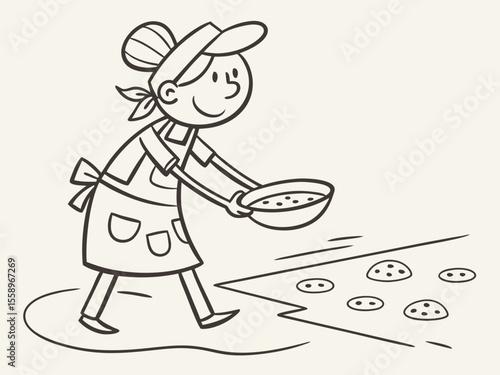 Joyful baker placing cookie dough on a baking sheet, playful illustration of culinary creativity