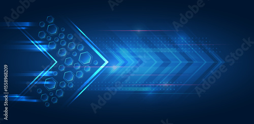 Futuristic blue background with hexagons and directional arrows symbolizes forward movement, technology, progress and digital transformation. Hi-tech background for presentation and banners.