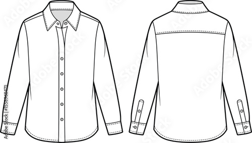 Women's Classic Button-Up Shirt Flat Sketch: Versatile Long Sleeve Collared Blouse Design for Fashion Apparel Technical Drawing, Front and Back View CAD Template.