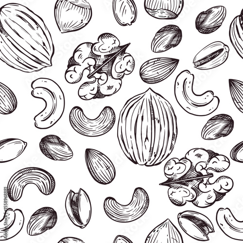 Seamless vector pattern. Nuts, walnuts, hazelnuts, cashews, almonds, and pistachios, all objects are hand-drawn in vector. For printing on fabric, paper, for food packaging design.