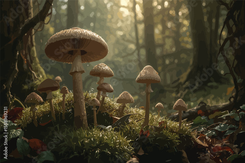 Enchanting mushrooms cluster in sunlit forest