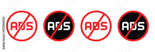 No Ads Icon Vector Art. No ad blocker icon set with red and black color