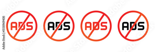 No Ads Icon Vector Art. No ad blocker icon set with red and black color