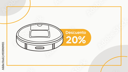 Robot vacuum cleaner with a "20% Discount" tag, sleek vector design for promotions