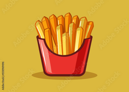 Delicious golden french fries in a red paper container