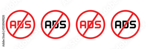 No Ads Icon Vector Art. No ad blocker icon set with red and black color