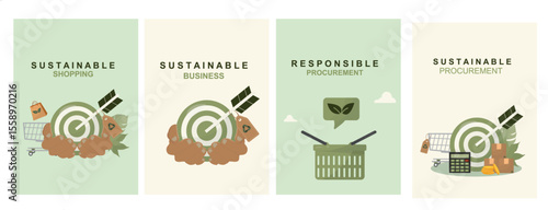 Four eco friendly business concept cards set featuring sustainable shopping. sustainable business. responsible procurement and sustainable procurement. Flat syle. Green procurement.Vector illustration