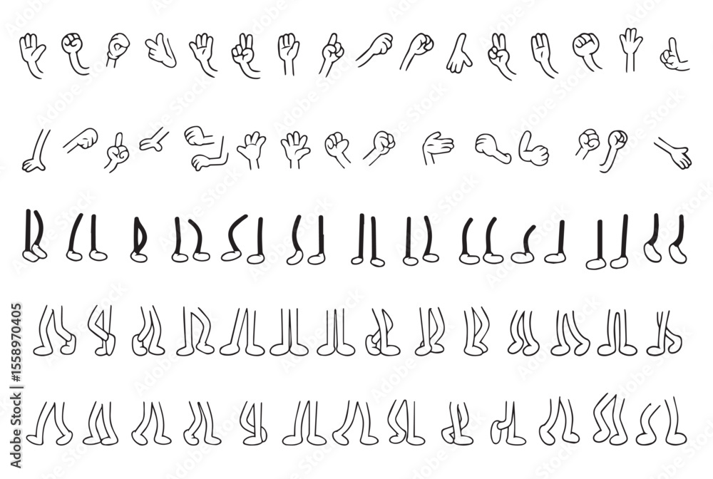 Naklejka premium Vector set of feet in shoes and hand gestures in doodle style. Legs and hands poses. Vector illustration. Vector illustration