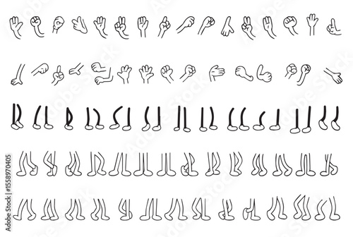 Vector set of feet in shoes and hand gestures in doodle style. Legs and hands poses. Vector illustration. Vector illustration