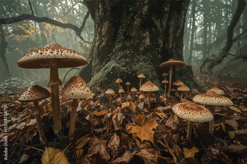 Enchanting autumn mushrooms clustered in misty forest