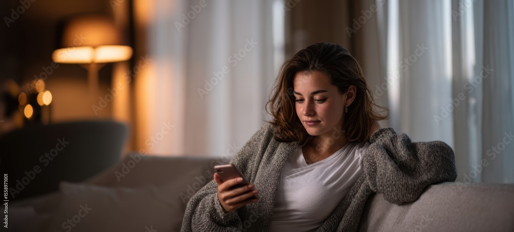 Obraz premium The woman relaxing in a cozy living room while using her smartphone.