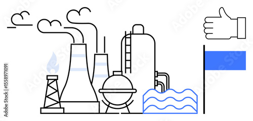 Industrial plant, cooling towers, flame stack, water wave symbol, thumbs-up gesture, eco-friendly focus. Ideal for energy, environment, industry sustainability production manufacturing simple