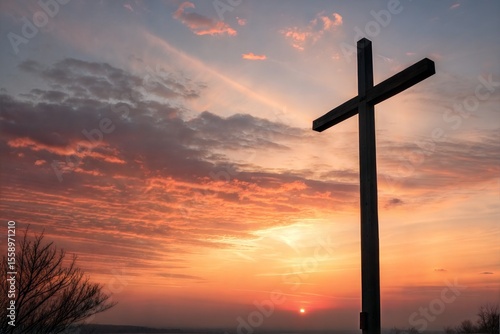 Cross at sunset. Wooden cross at sunset. Cross or Christ. Christianity symbol. Christian concept. Easter