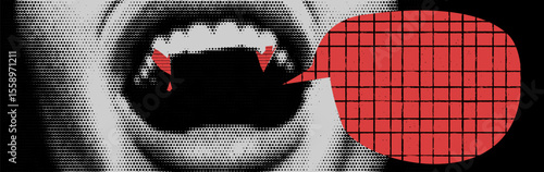 Collage with open mouth with magazine halftone effect. Red checkered speech bubble. Cutout doodle zine banner for halloween sale.