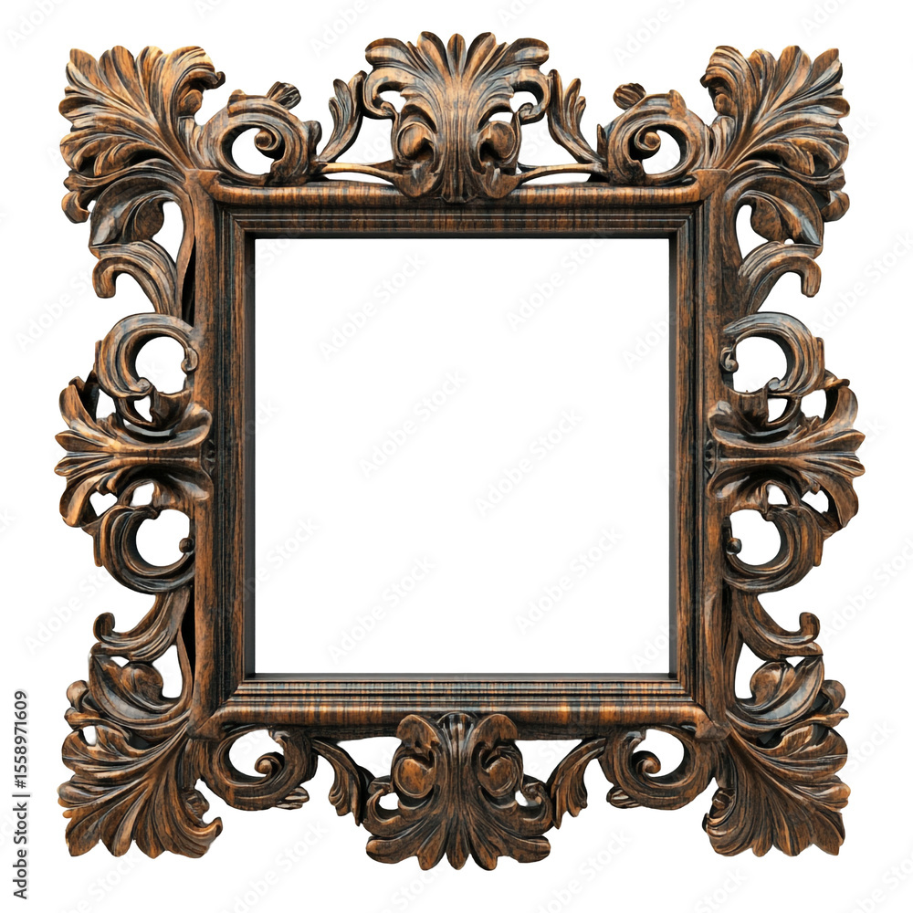 Ornate dark wood picture frame with intricate carvings and a square shape ideal for artwork display Ornate dark wood picture frame with intricate carvings and a square shape ideal for artwork display