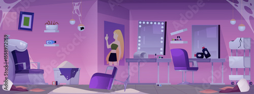 Abandoned beauty salon, damage fashion studio pink interior, destroyed nail and hairdressing service vector illustration