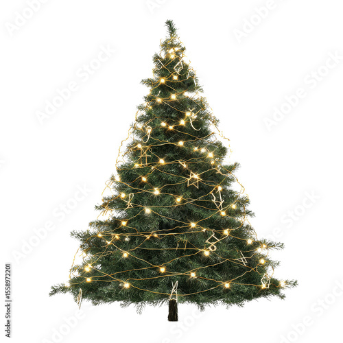 Illuminated Christmas Tree with Warm White Lights and Star Decorations on White Transparent background