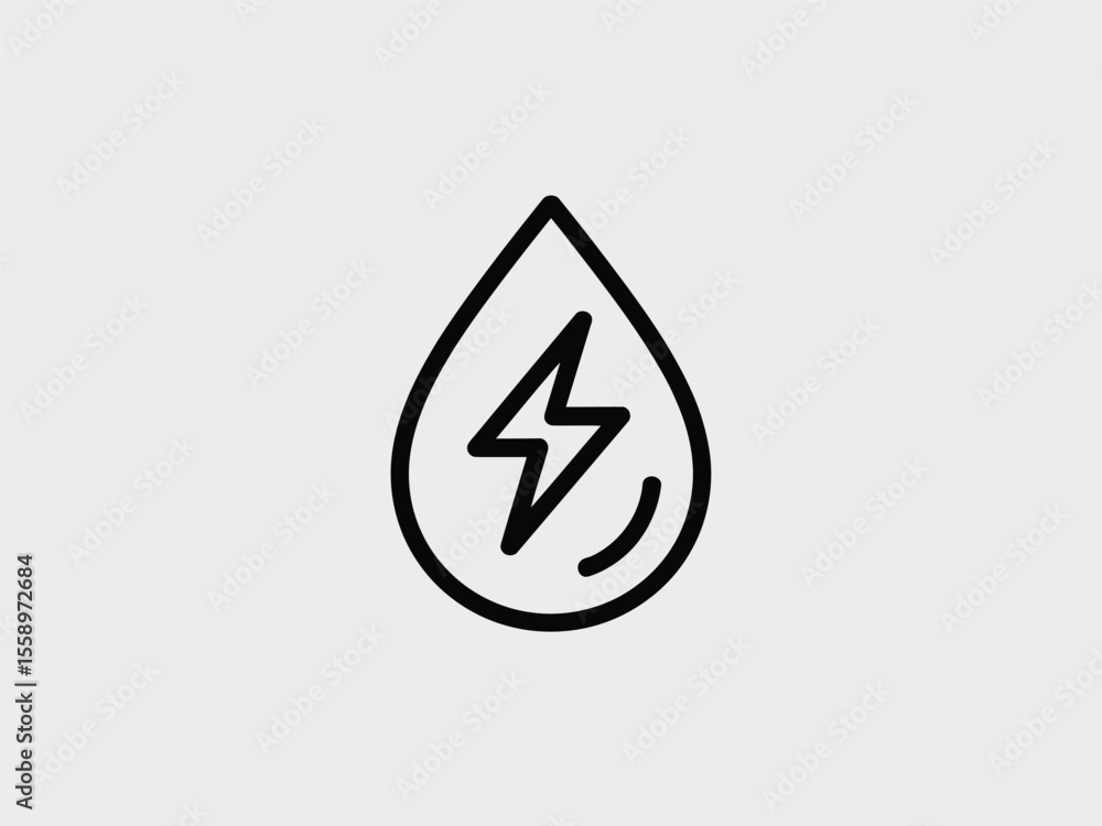 Black Outline Water Drop with Lightning Bolt Icon on Gray Background Black Outline Water Drop with Lightning Bolt Icon on Gray Background