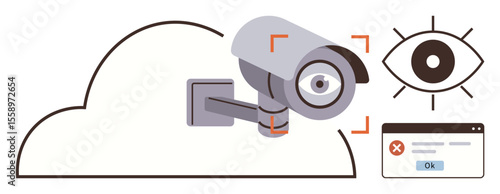 Security camera linked to cloud storage, eye icon representing monitoring, and web notification with error alert. Ideal for data security, surveillance, privacy rights, online safety, internet