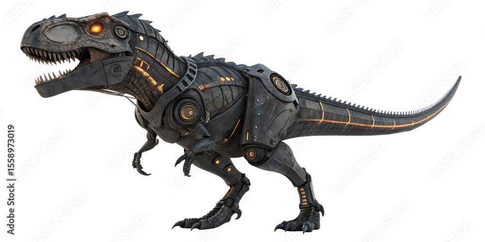 Fototapeta premium Intricate mechanical tyrannosaurus rex robot with glowing orange eyes and internal lights detailed futuristic design isolated on transparent background