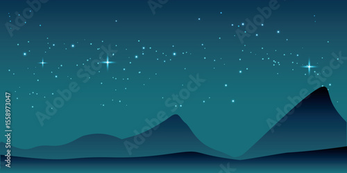 a night landscape with a starry sky. In the foreground, you can see the silhouette of mountain peaks and a wavy horizon. The sky is filled with bright stars, some of which have clearly defined rays.