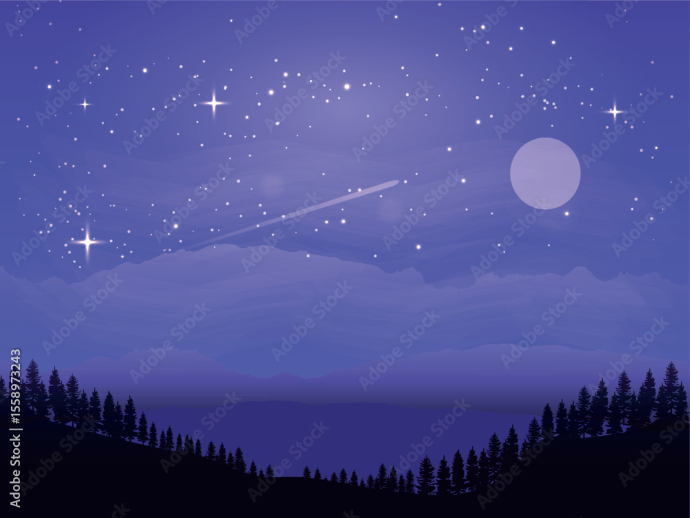 Naklejka premium A night landscape with a starry sky, a bright moon, numerous stars and a meteor trail. In the lower part, you can see the silhouette of forest trees against the background of hills and light clouds
