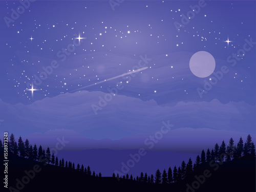 A night landscape with a starry sky, a bright moon, numerous stars and a meteor trail. In the lower part, you can see the silhouette of forest trees against the background of hills and light clouds
