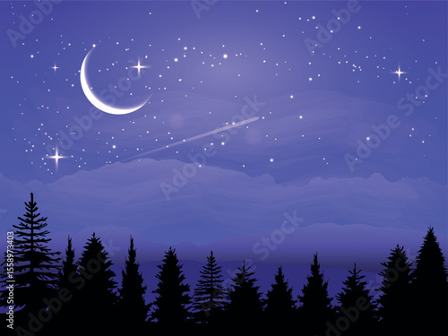 A night landscape with a starry sky, a new moon, numerous stars and a meteorite trail. In the lower part you can see the silhouette of forest trees against the background of hills and light clouds