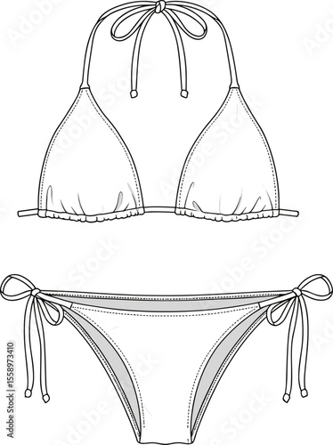 Stylish bikini sketch, modern swimwear design, vector beachwear fashion, summer outfit illustration, Adobe Stock content, trendy fashion template, outline