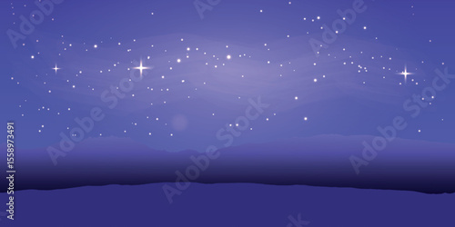 night sky with many stars on a dark blue background. The silhouette of land or mountains is visible on the horizon, adding depth to the scene.