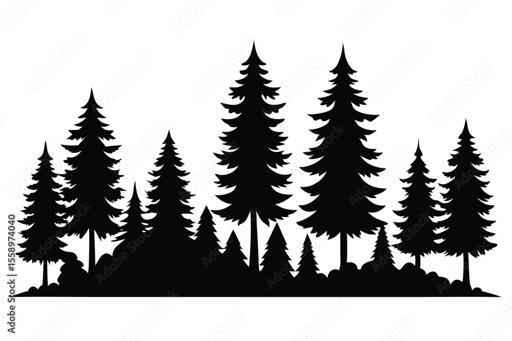 Obraz premium Majestic evergreen forest silhouette black and white illustration