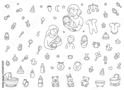 Hand drawn set on the theme of a newborn. Child care, feeding, clothes, toys, accessories in doodle style. Vector drawings on a white background. Vector 
