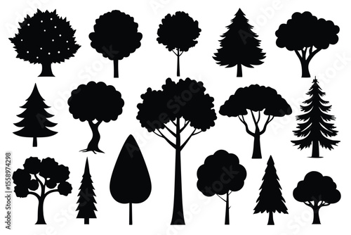 Collection of black silhouettes various trees and conifers