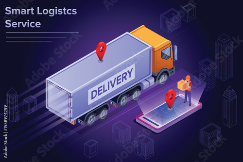 Smart logistics service, Smart logistics isometric illustration, smartphone with navigator pin on city map.