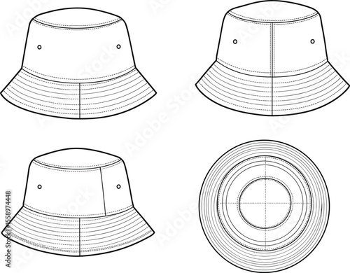 Must have bucket hat technical flat sketch, a complete vector illustration with front, back, side, and top views for apparel.