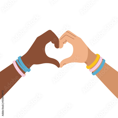  Heart Shape Formed by Hands of Different Ethnicities with Colorful Wristbands Representing Unity – Flat Vector on White Background